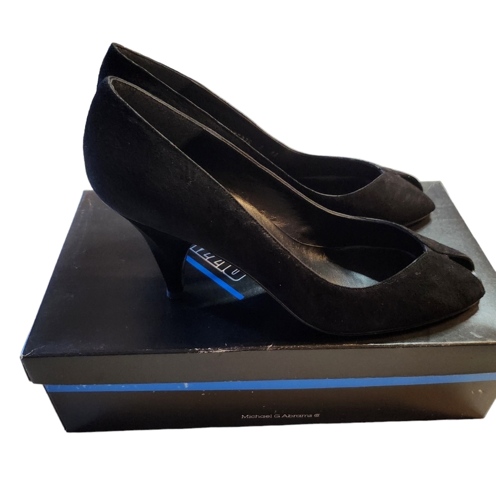 Vintage Michael G Abrams Palizzio Black Suede Peep Toe Heels Size 8AA w/Box